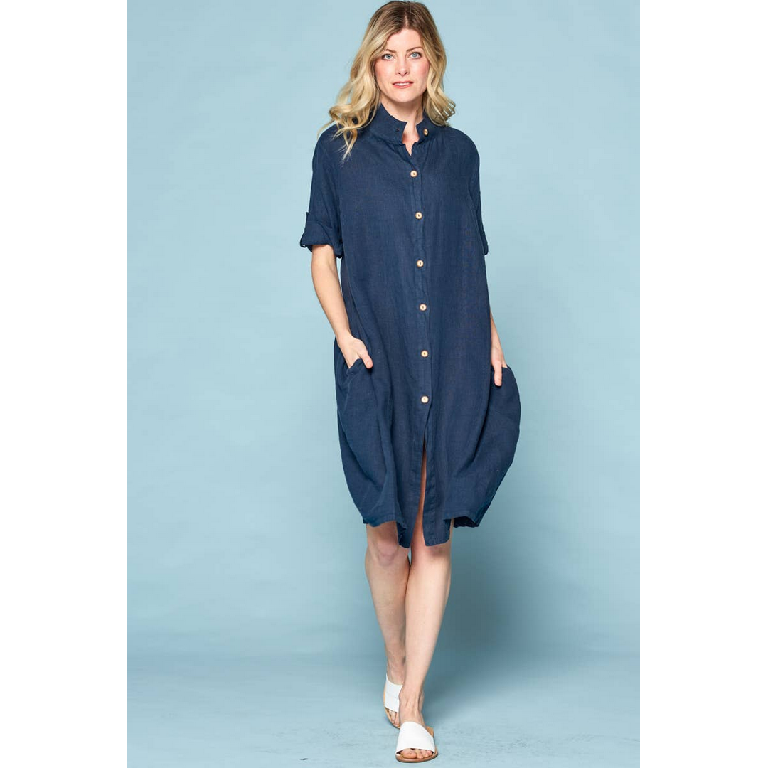 French Linen Long Button Down Shirt Dress L607