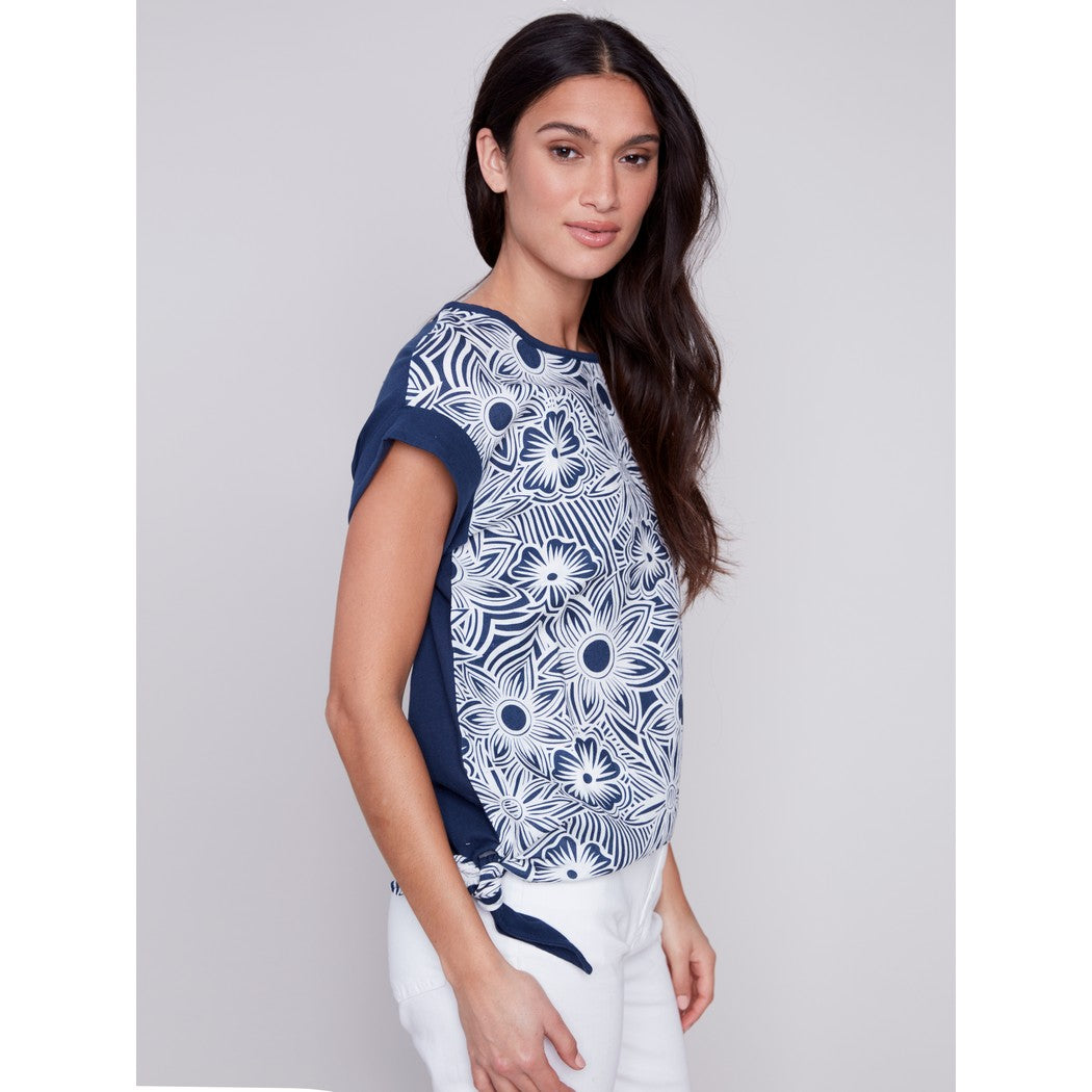 Printed Woven Linen Knit Combo Top C4483R
