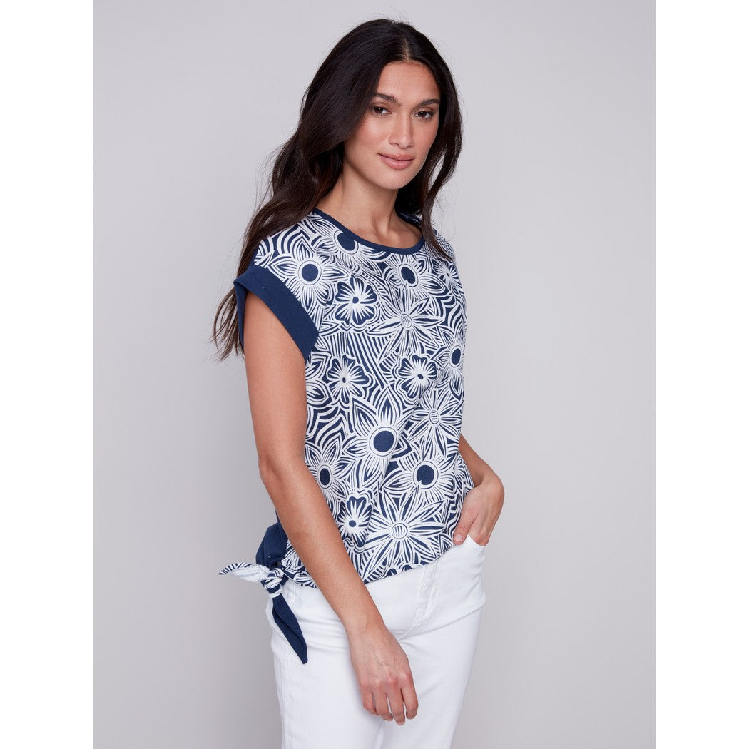 Printed Woven Linen Knit Combo Top C4483R