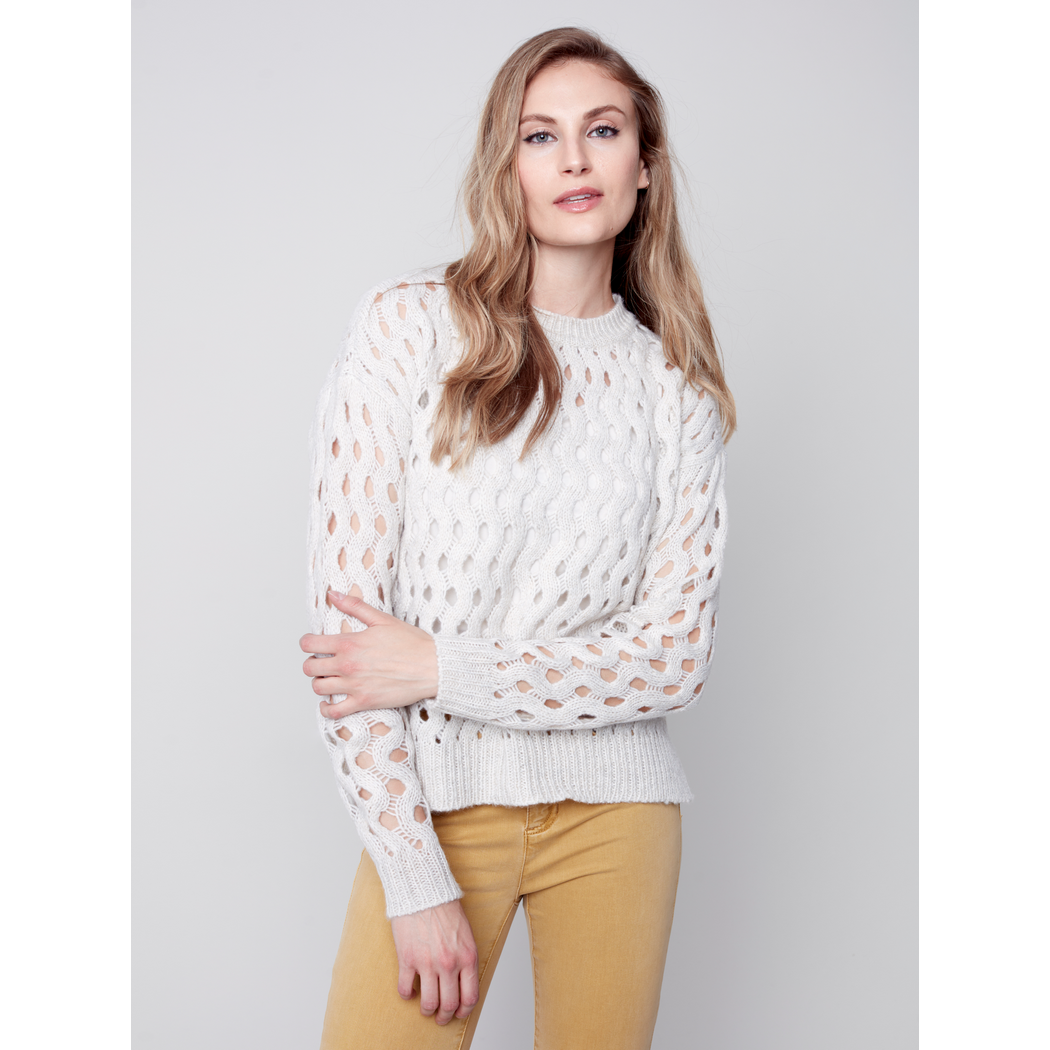 Crew-Neck Opened Stitch Cable Sweater C2541648B