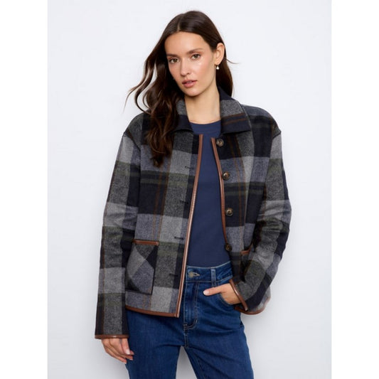 Reversible Plaid Jacket With  Leather Binding C6185YB