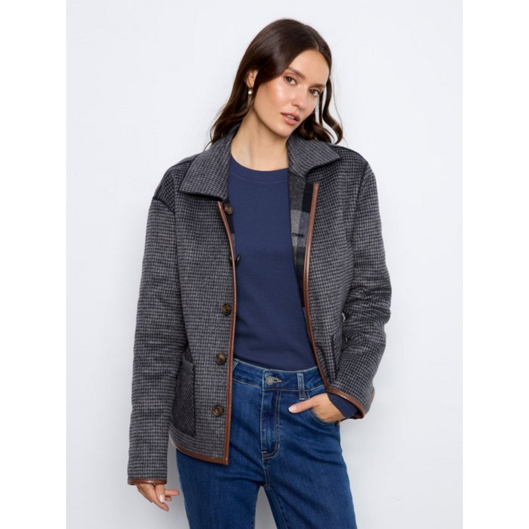 Reversible Plaid Jacket With  Leather Binding C6185YB