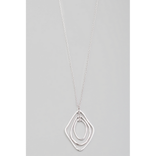 Layered Warped Oval Pendant Long Necklace