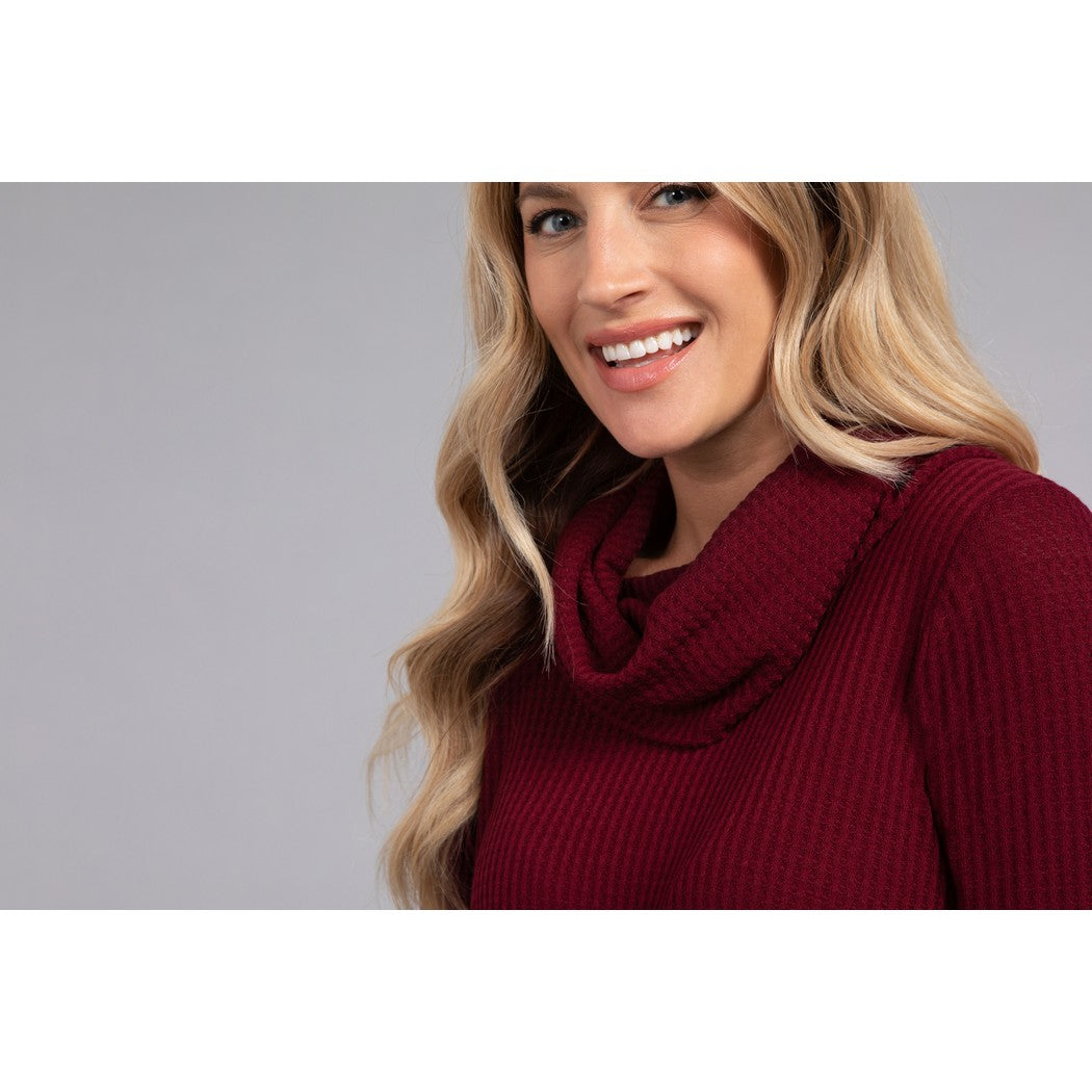 Angle Cowl Neck Waffle Sweater, Long Sleeve K7317W-3