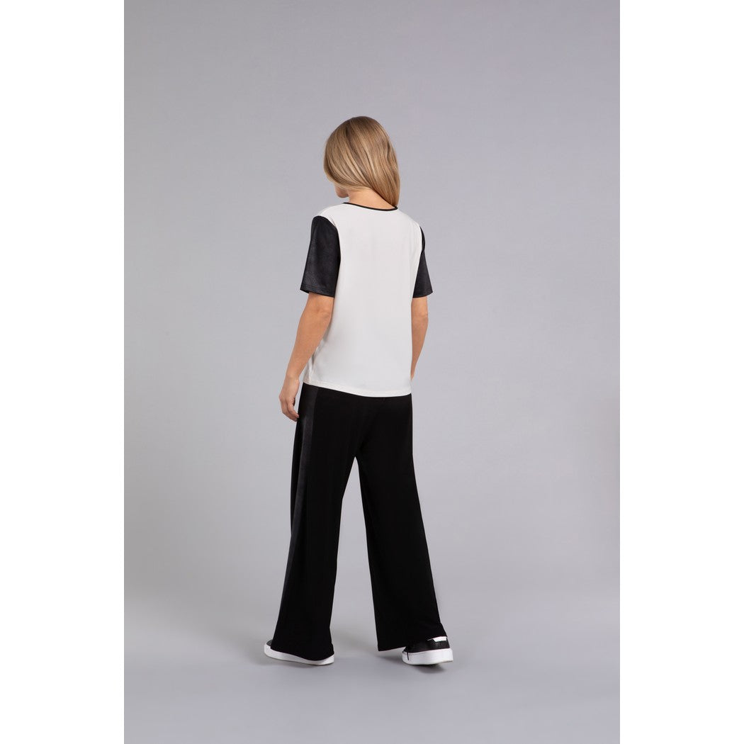 Boxy T With Faux Leather, Short Sleeve Top 22280V-1