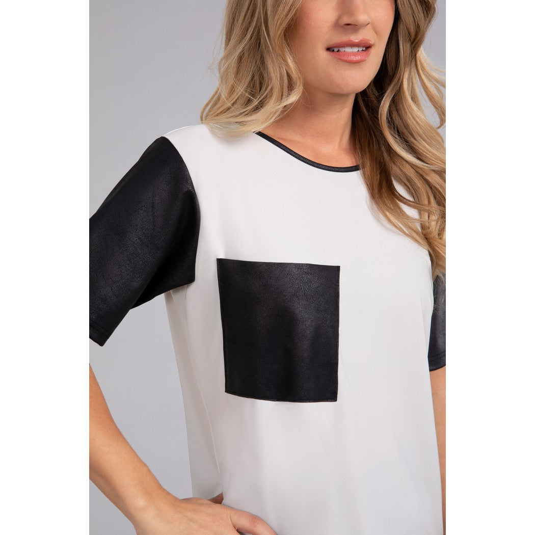Boxy T With Faux Leather, Short Sleeve Top 22280V-1