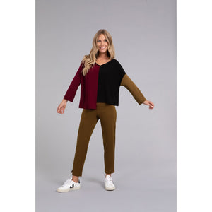 Colour Block Etch V-Neck Top, Long Sleeve Top 22288CB-3