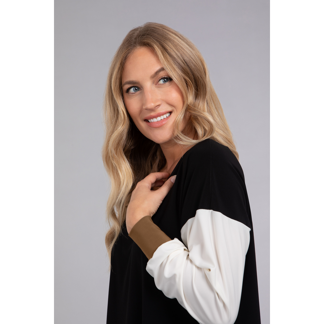 Colour Block Step Hem Tunic, Long Sleeve Top 23200CB-3