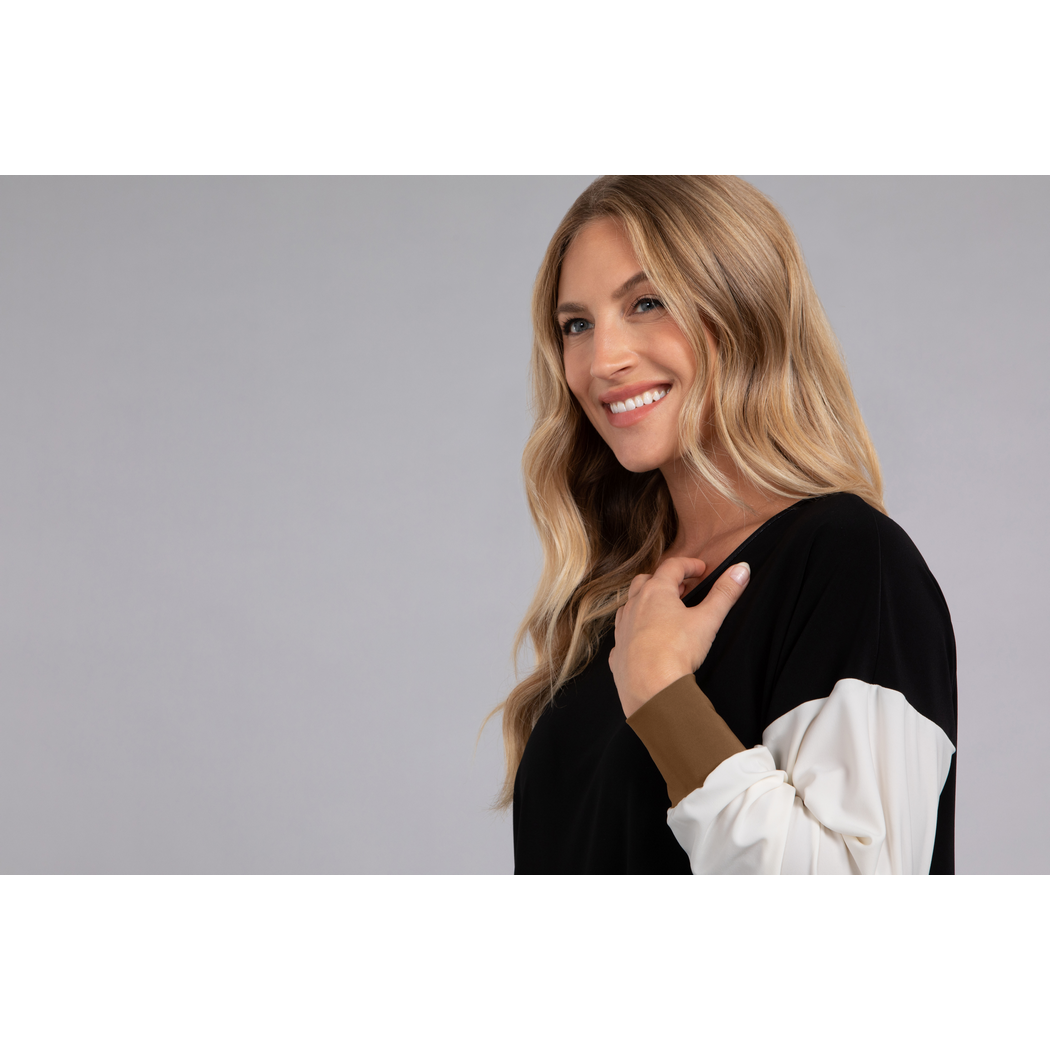 Colour Block Step Hem Tunic, Long Sleeve Top 23200CB-3