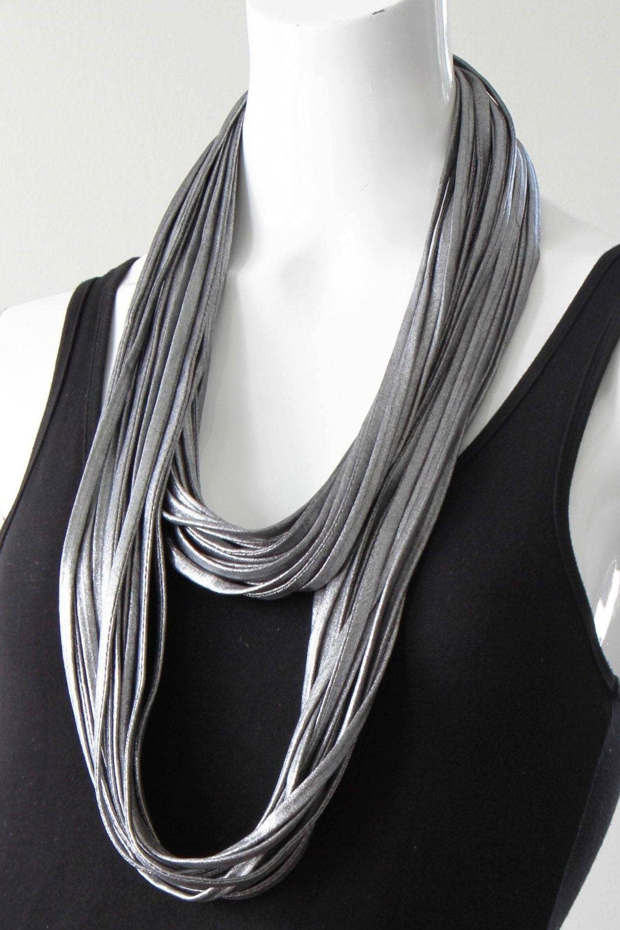 Infinity Scarf Necklace in Dark Silver Vegan Leather-Rhodium