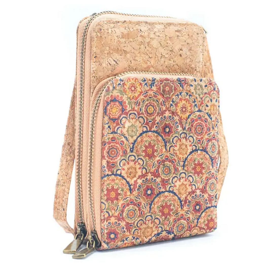 Natural Cork Crossbody double Zipper Wallet with Phone Compartment Handbag BAGD468