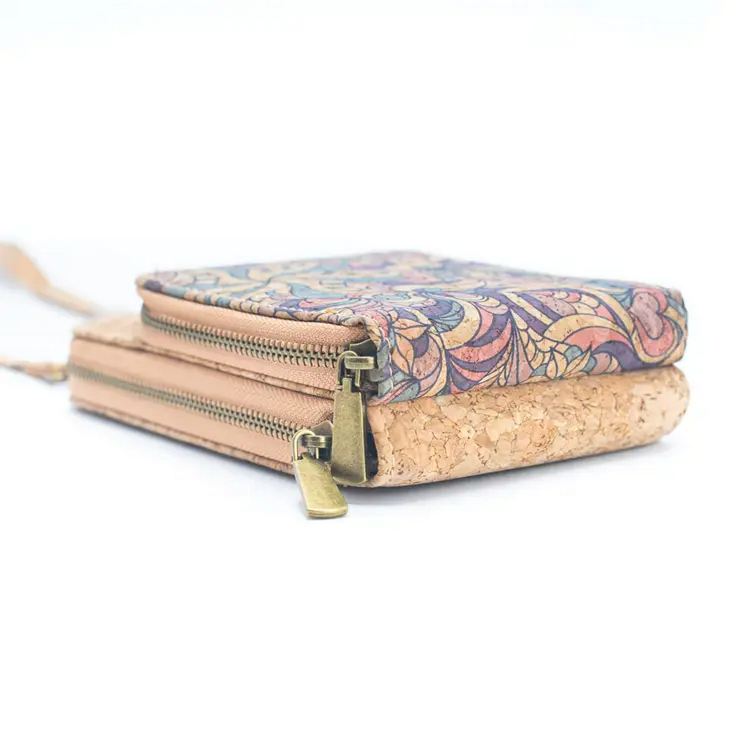 Natural Cork Crossbody double Zipper Wallet with Phone Compartment Handbag BAGD468