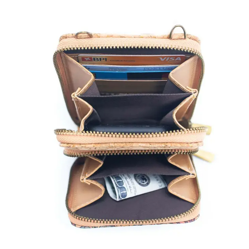 Natural Cork Crossbody double Zipper Wallet with Phone Compartment Handbag BAGD468
