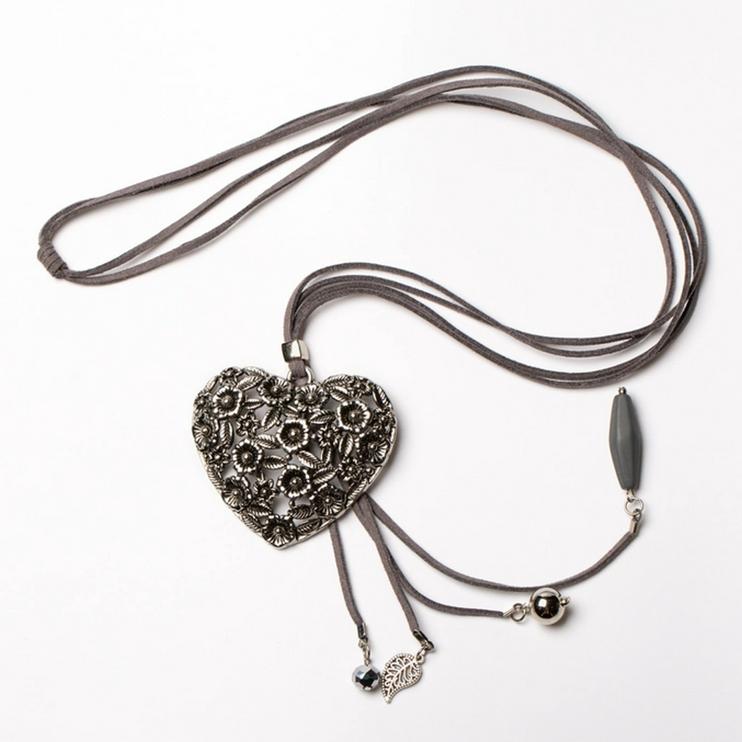 Long Carved Heart Pendant on Suede Necklace RS6106GY