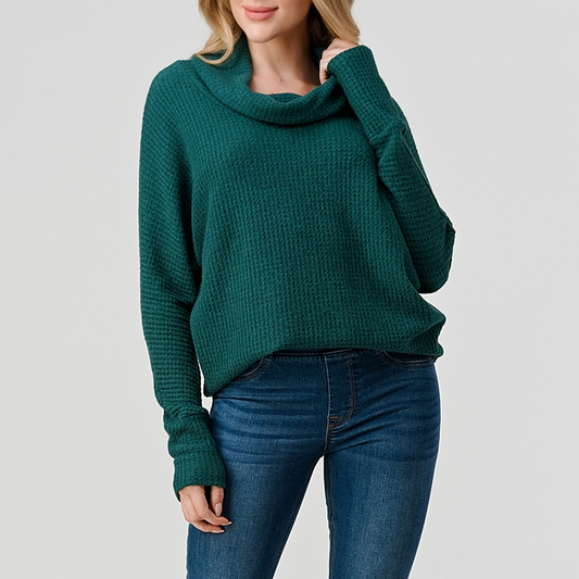 Cowl Neck Brushed Waffle Knit Top T430