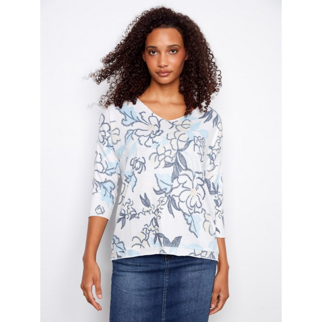 Printed Jersey V-Neck 3/4 Sleeve Top C1264D