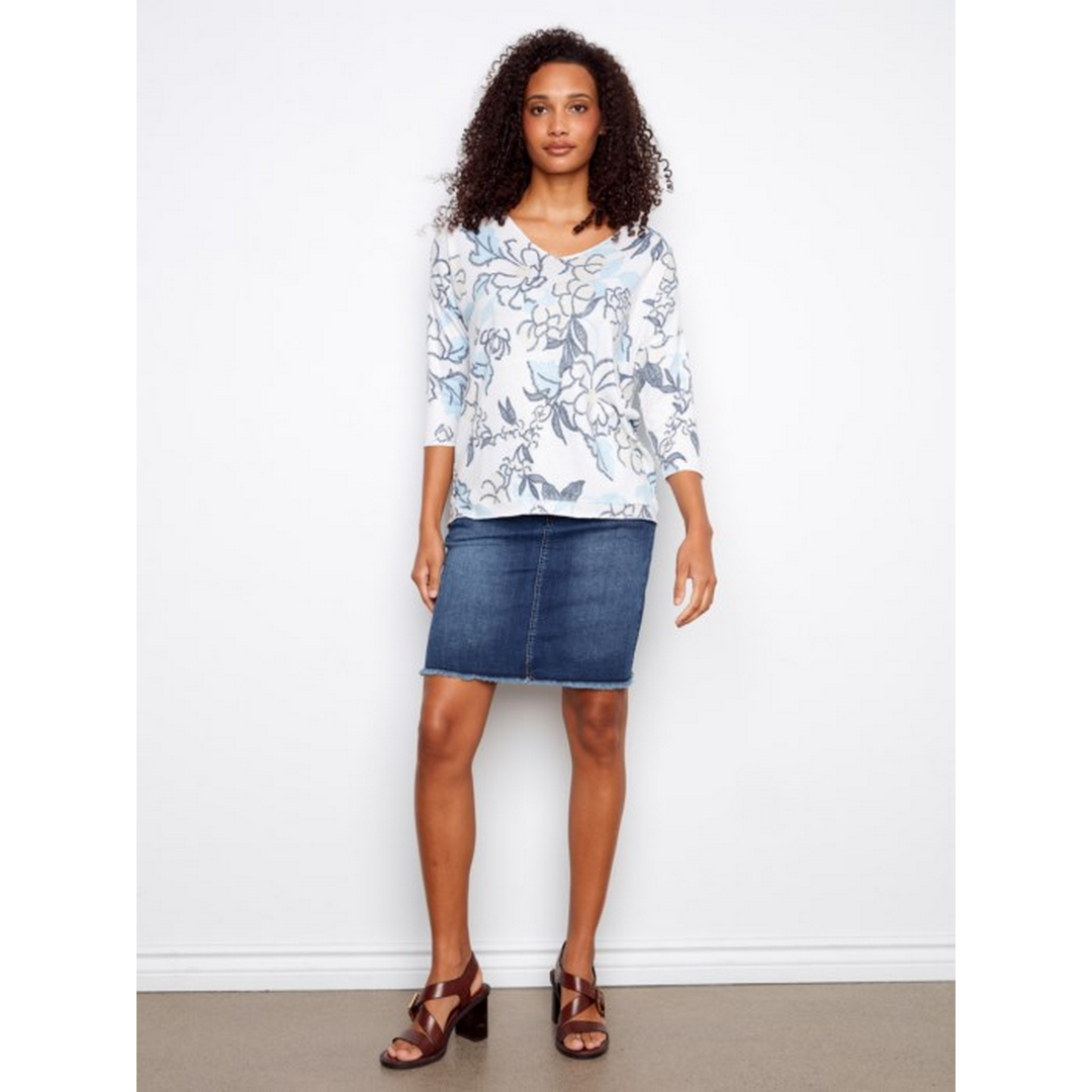 Printed Jersey V-Neck 3/4 Sleeve Top C1264D