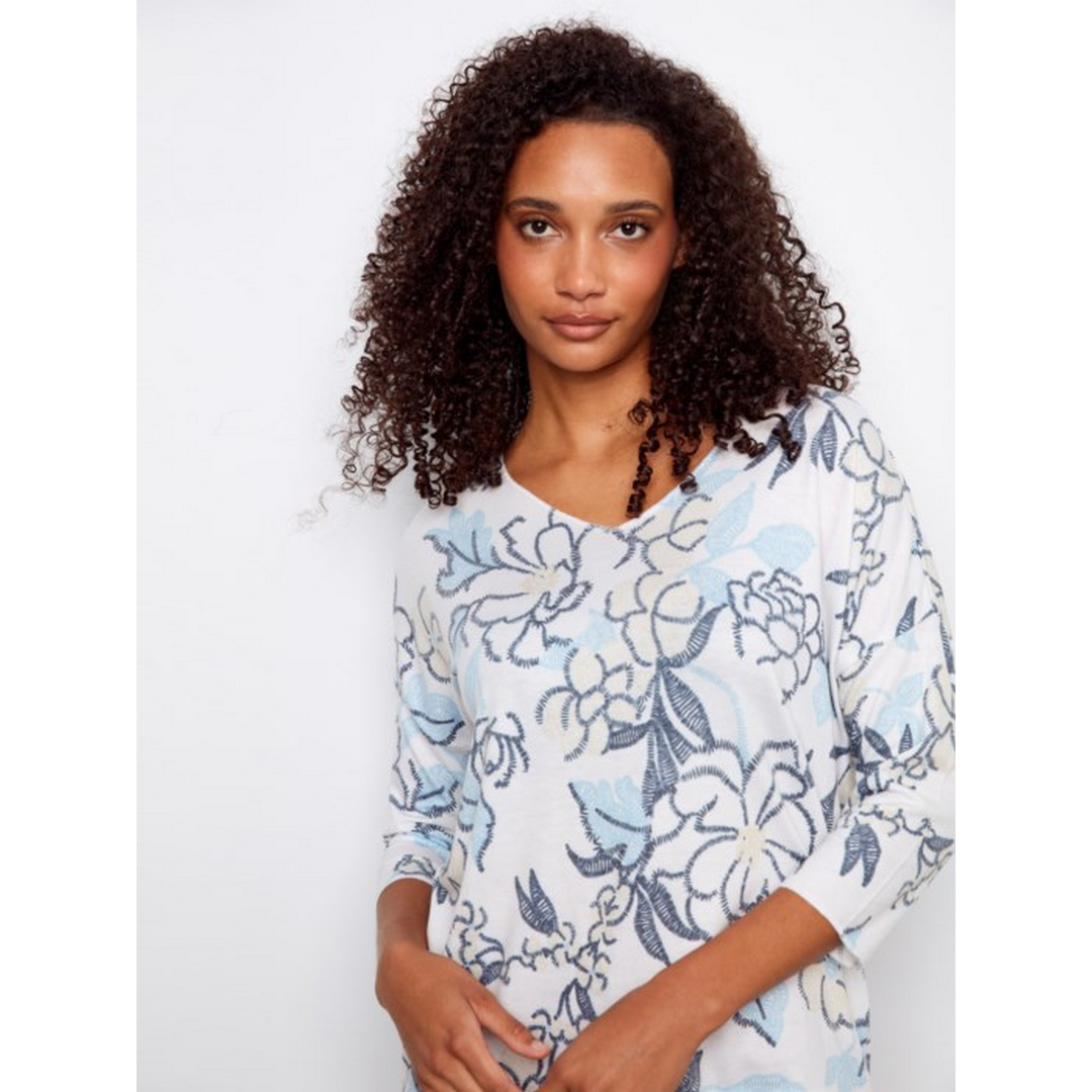 Printed Jersey V-Neck 3/4 Sleeve Top C1264D