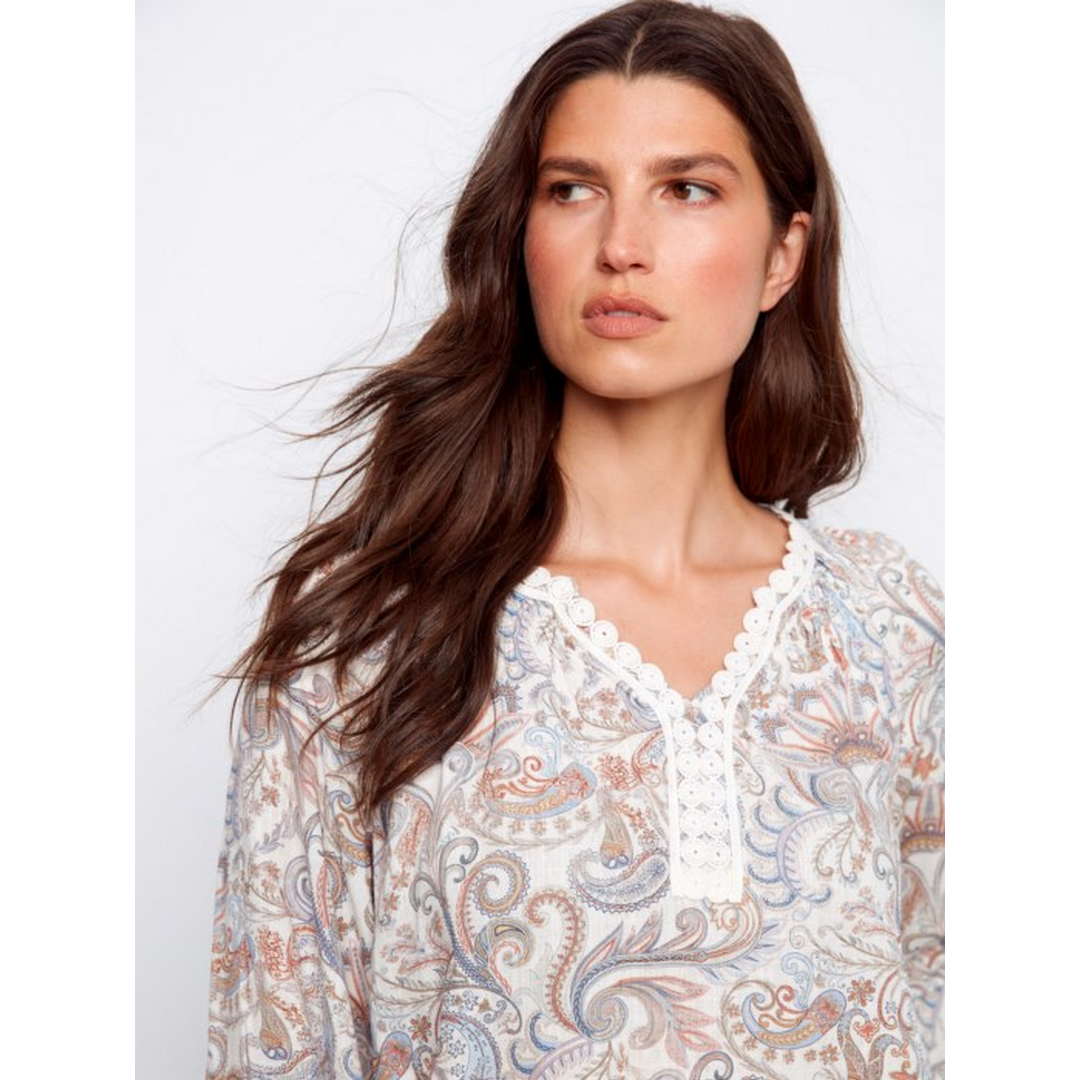 Printed Linen Blend Raglan Blouse C4602R