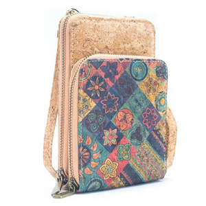 Natural Cork Crossbody double Zipper Wallet with Phone Compartment Handbag BAGD468