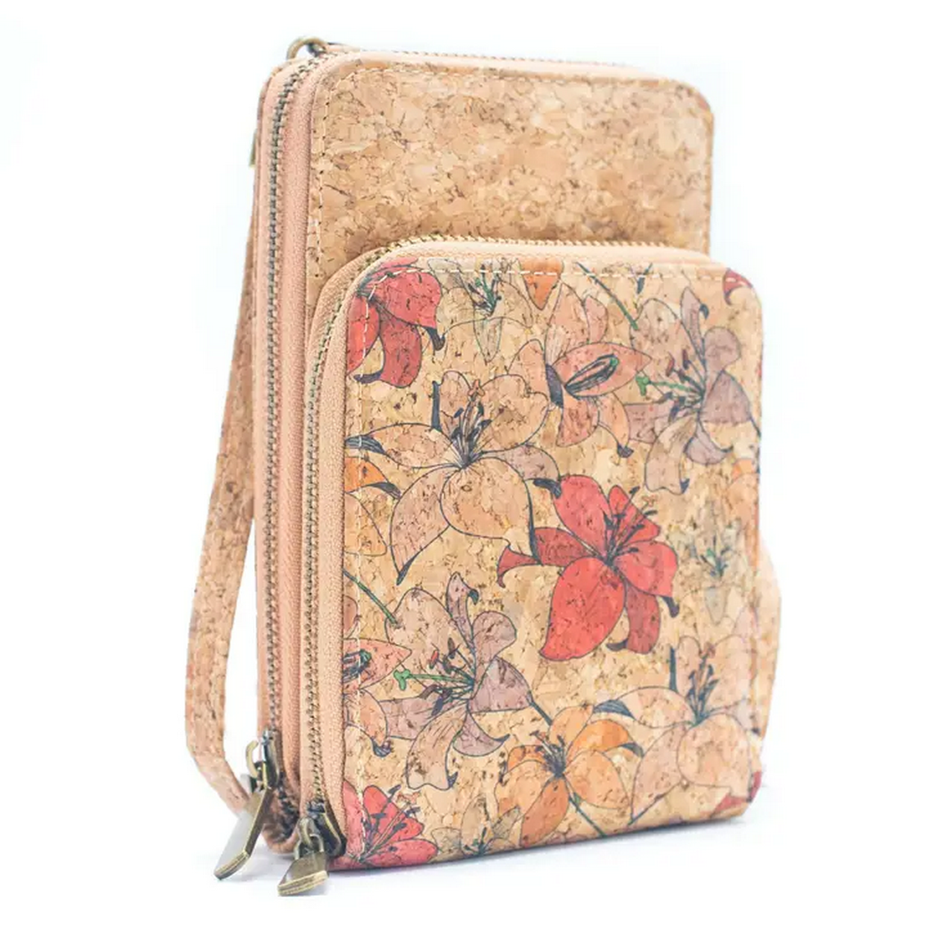 Natural Cork Crossbody double Zipper Wallet with Phone Compartment Handbag BAGD468