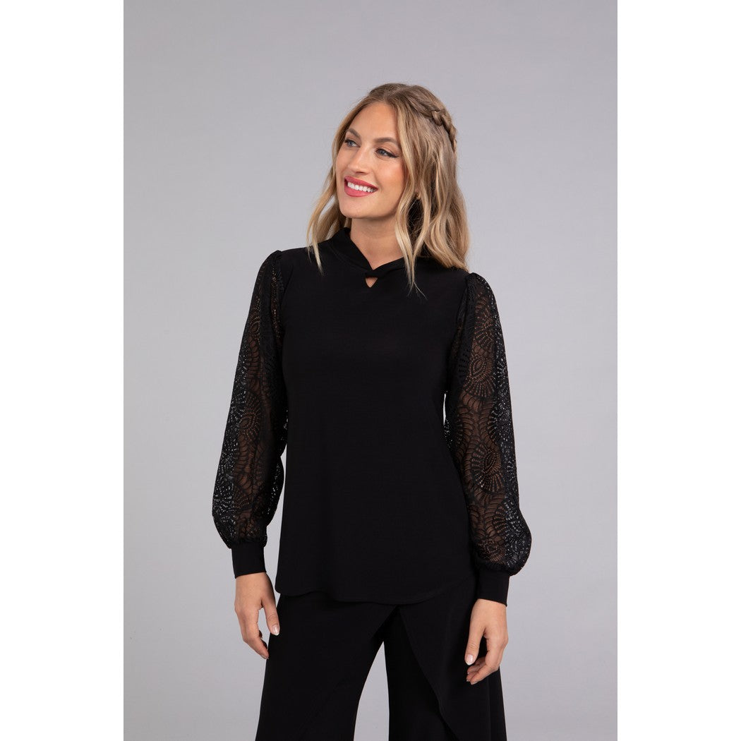 Mix Lace Twist Neck Top, Long Sleeve Top 3245-3