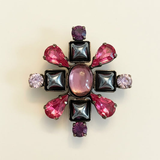 Pink & Gunmetal Crystal Cross Brooch PCC
