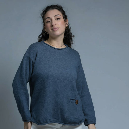 Crew Neck Button Cotton Sweater N9275