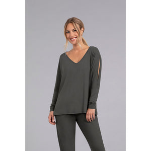 Bamboo Cotton V-Neck Slit Sleeve Top, Long Sleeve Top BT4204-3