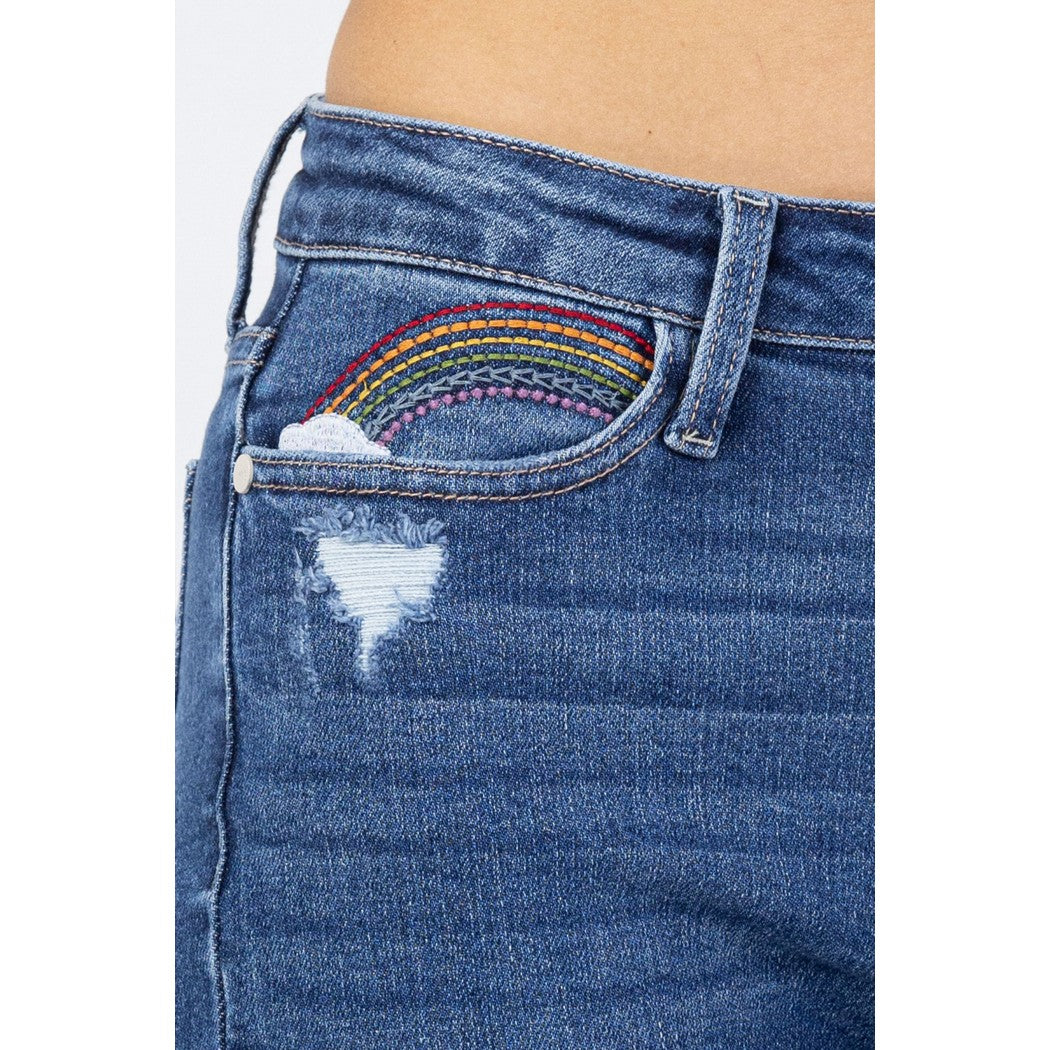 Tiffany Rainbow Embroidery Crop Straight Denim 88438