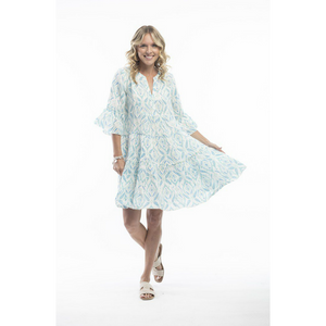 Ikat Pure Linen Frill Sleeve Dress 7165